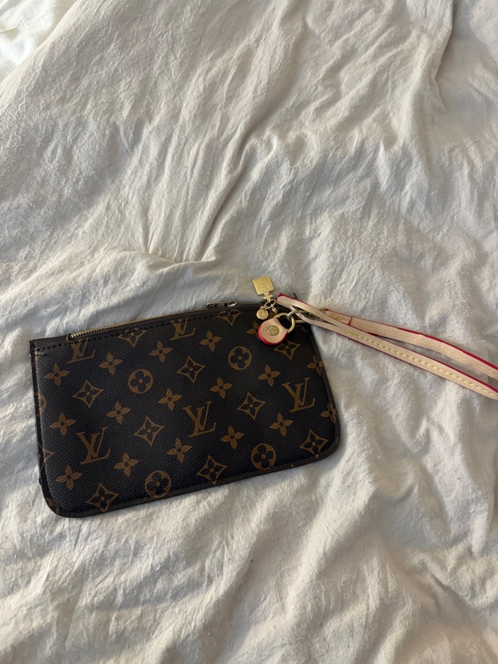 Louis Vuitton Monogram Wristlet Pouch with Pink-Trim Strap Dupe